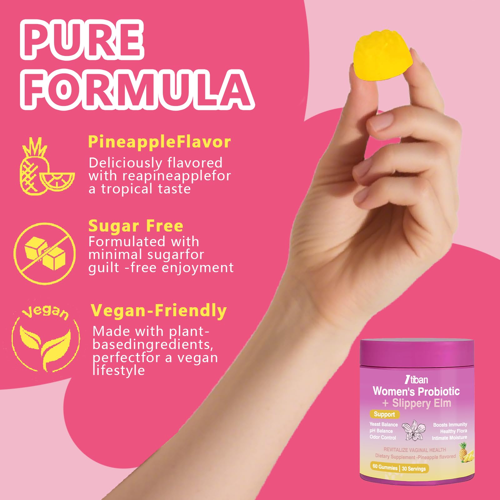 Slippery elm ingredient illustration next to Itiban gummies for soothing support