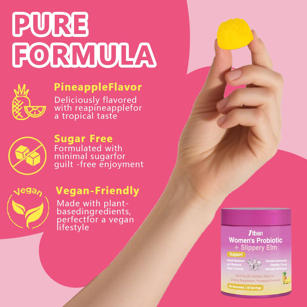 Slippery elm ingredient illustration next to Itiban gummies for soothing support