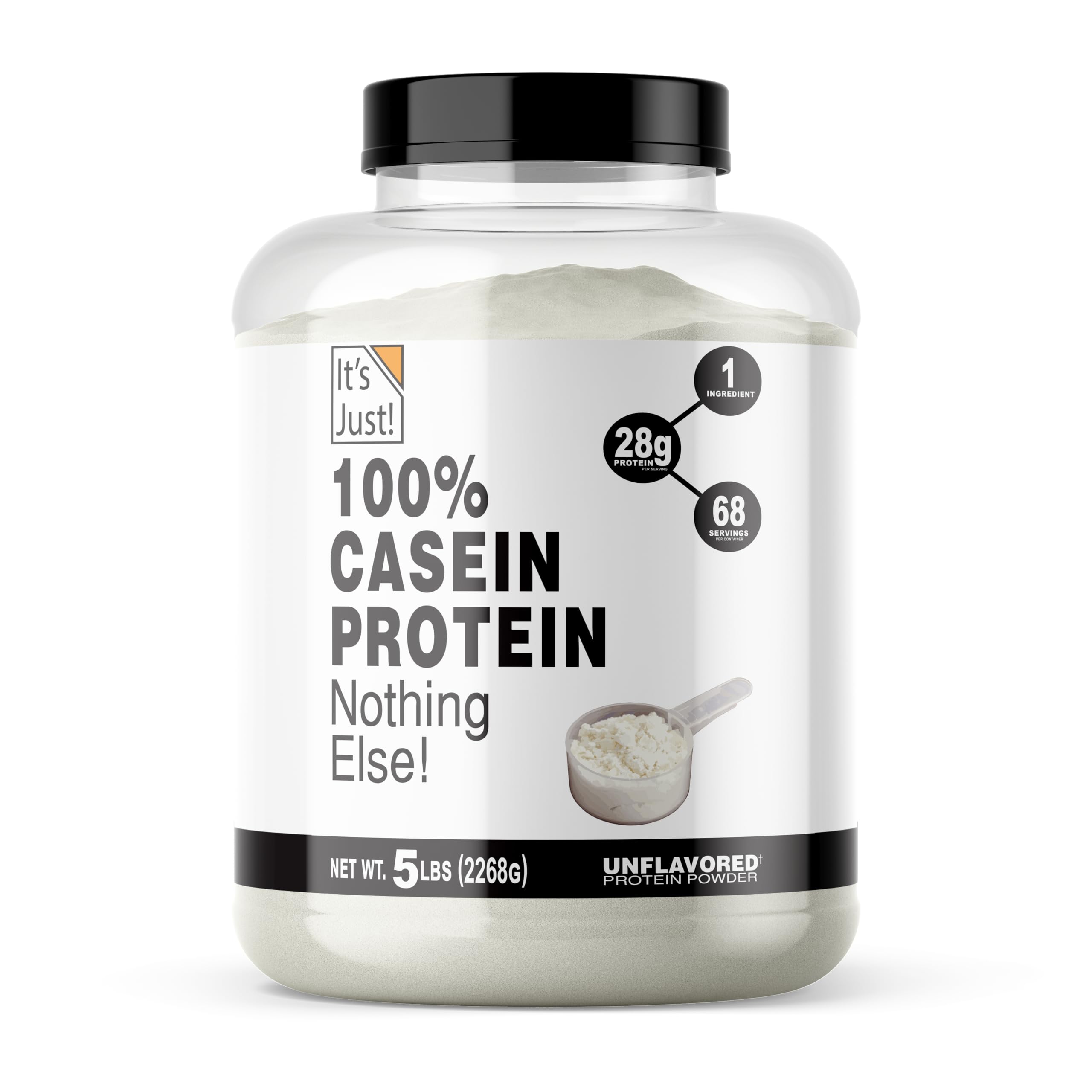 It's Just! casein bottle closeup highlighting pure protein from a USA-made product.
