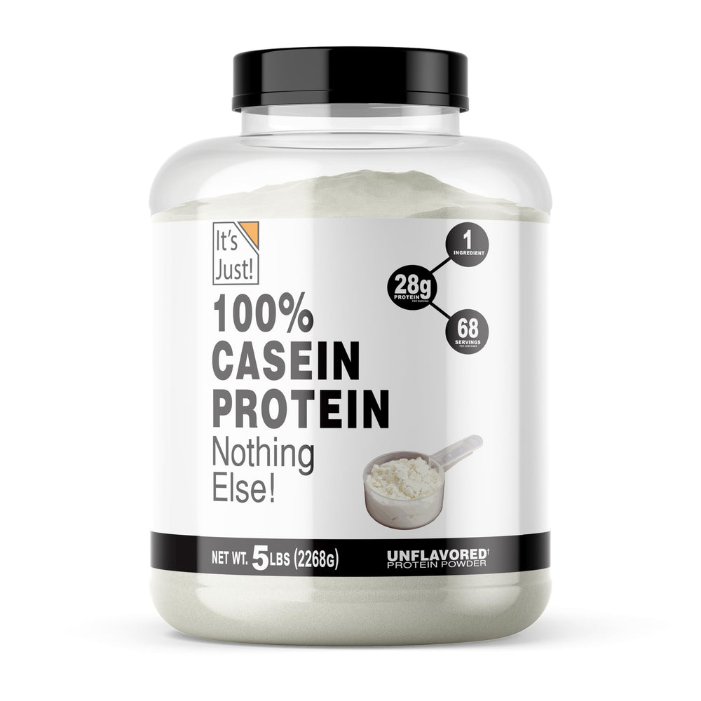 It's Just! casein bottle closeup highlighting pure protein from a USA-made product.