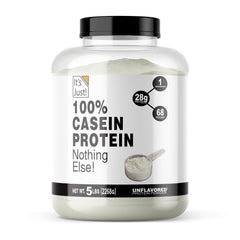 It's Just! casein bottle closeup highlighting pure protein from a USA-made product.