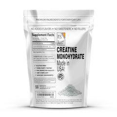 Scoop and 5 g measurement of Its Just Creatine Monohydrate powder.