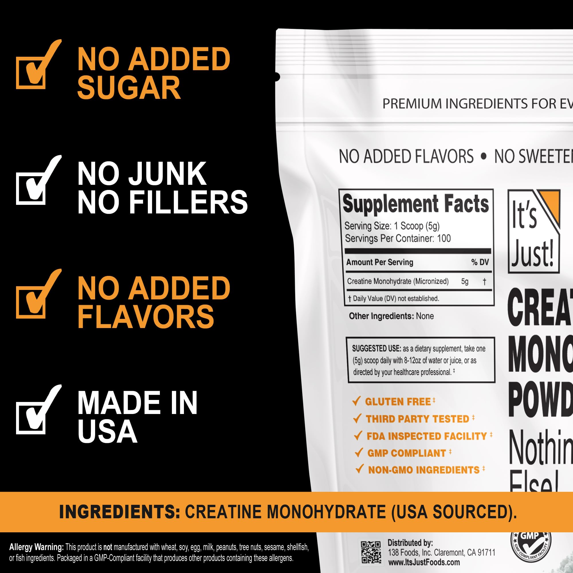 It's Just! creatine scoop measures a precise 5g serving for performance