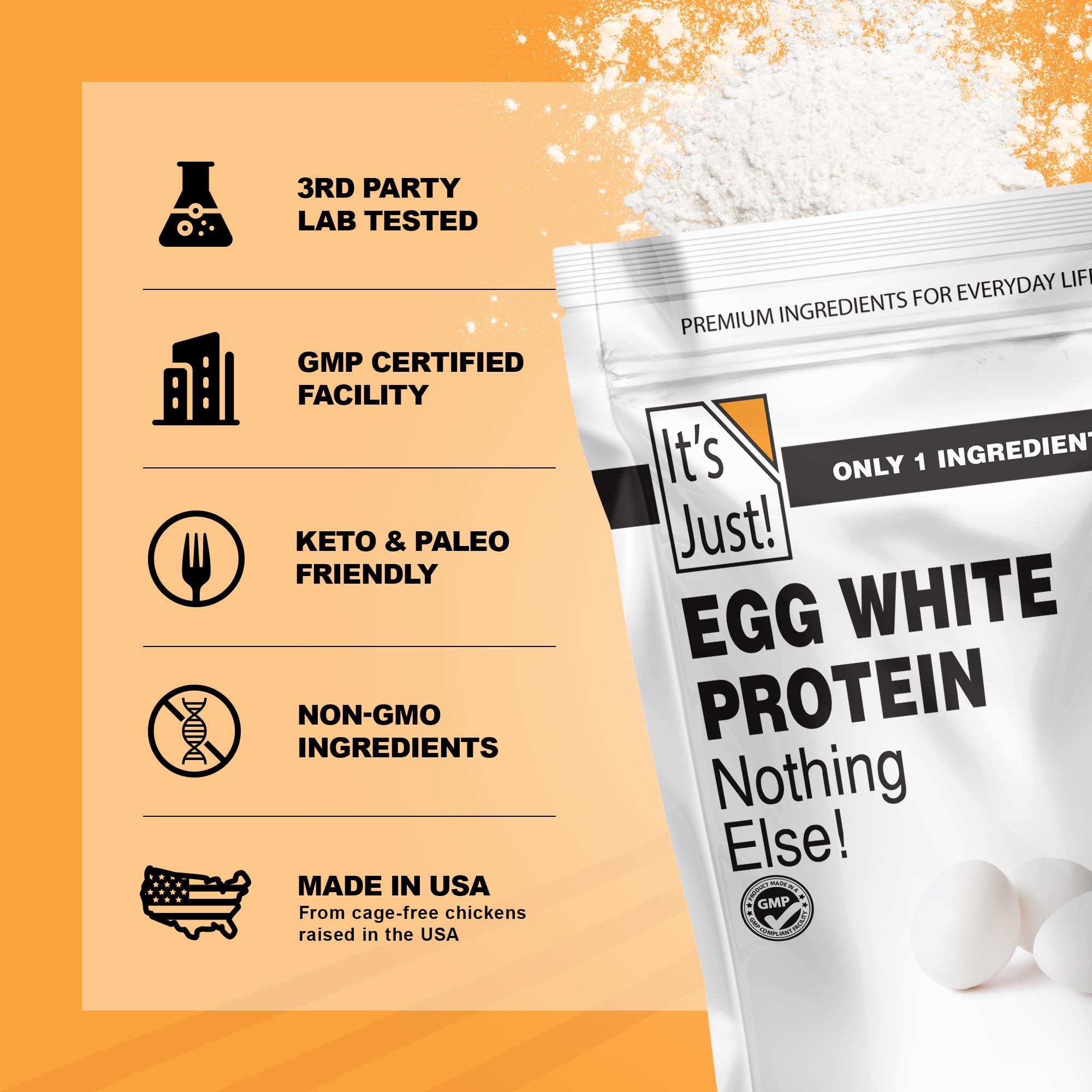 It's Just! Egg White Powder label emphasizes 1-ingredient simplicity.