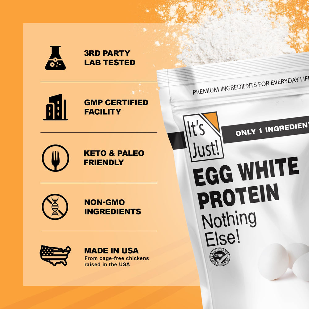 It's Just! Egg White Powder label emphasizes 1-ingredient simplicity.