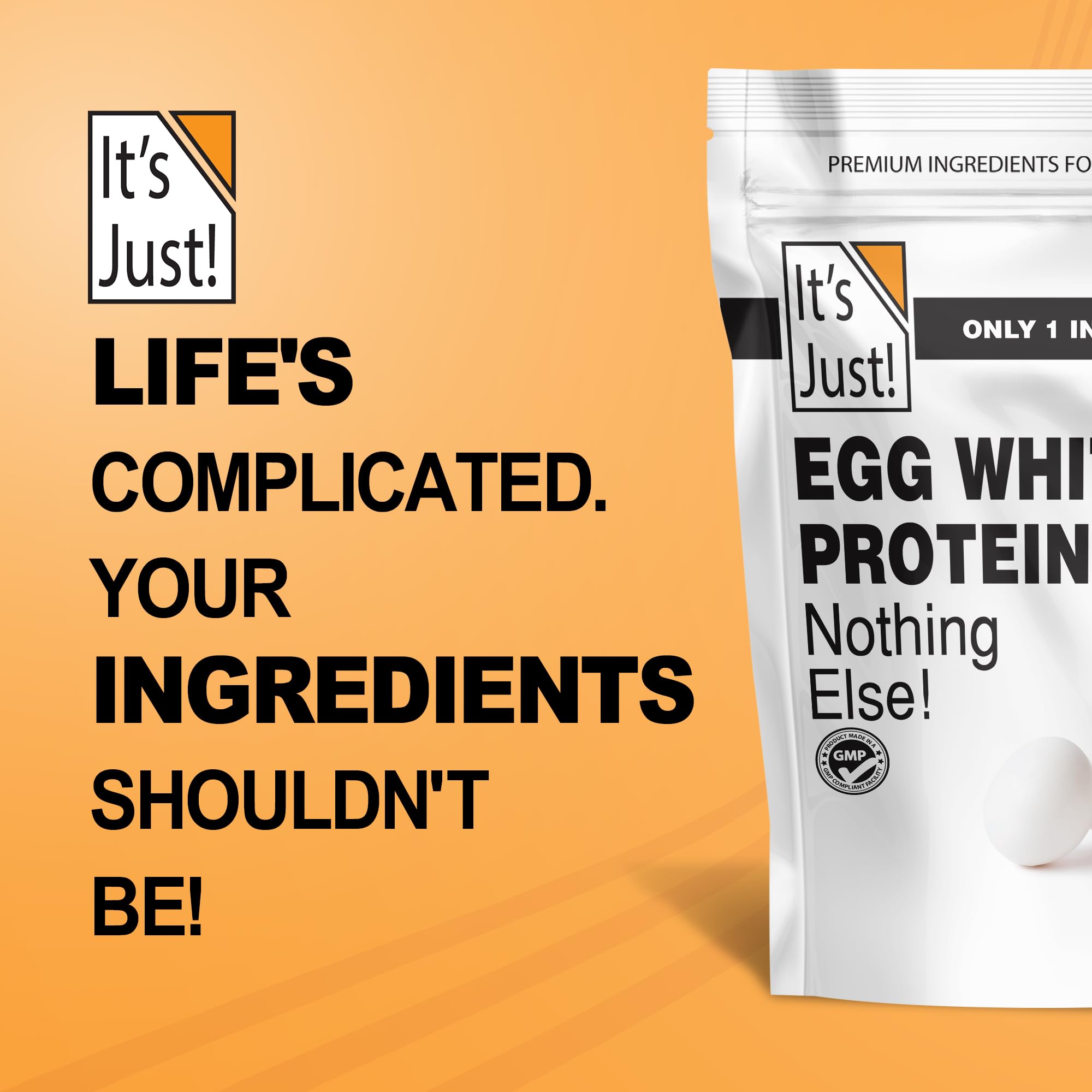 It's Just! Egg White Protein packaging shows pure dried whites.