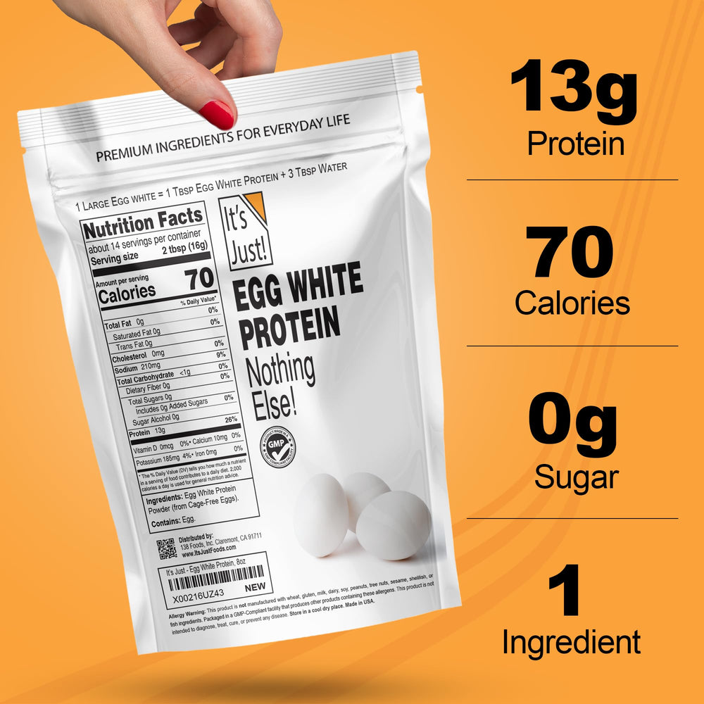 It's Just! USA-made egg powder label communicates purity and cage-free sourcing.