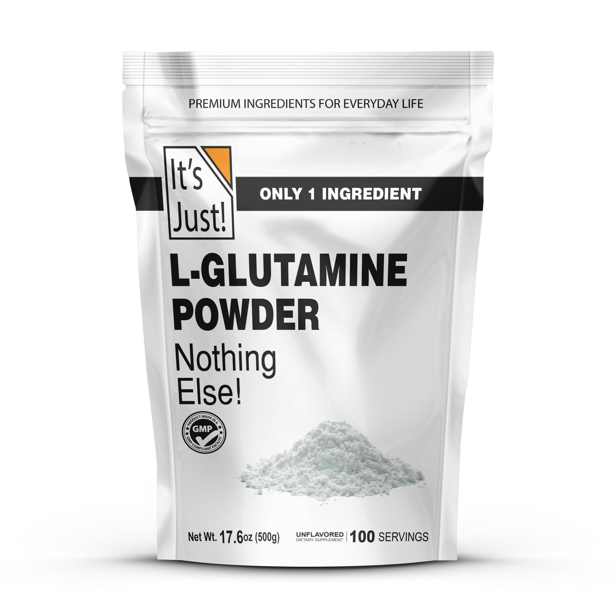 Its Just L-Glutamine bottle pour shows purity for easy daily use.