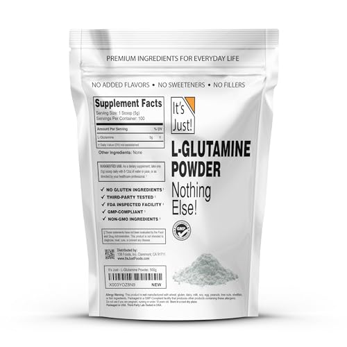 Its Just L-Glutamine scoop highlights precise 5000 mg serving.