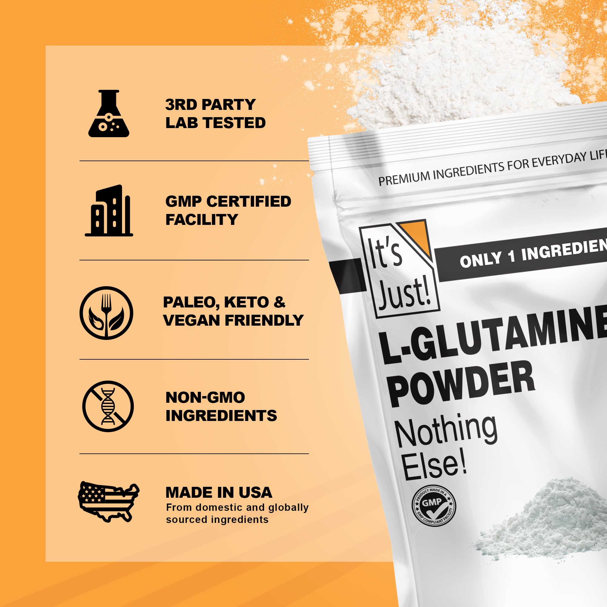 Its Just L-Glutamine third-party tested badge reinforces purity and reliability.