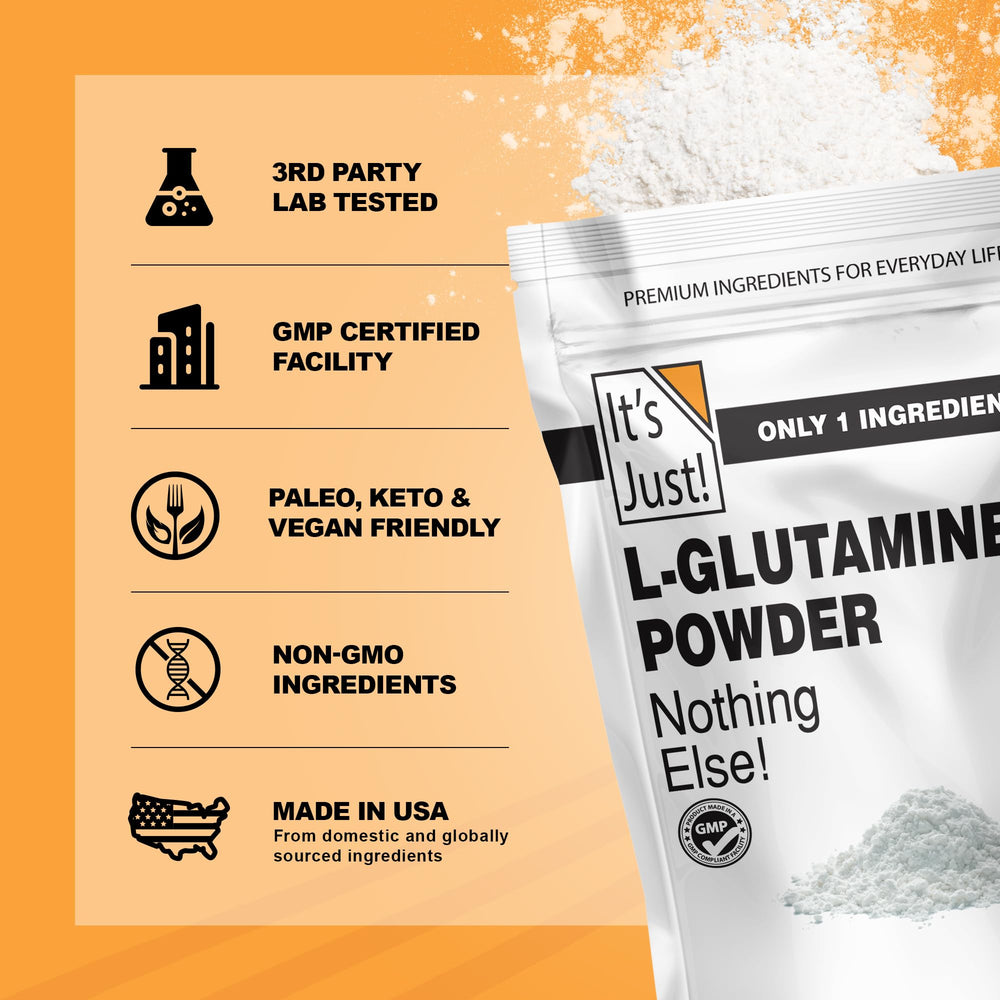 Its Just L-Glutamine third-party tested badge reinforces purity and reliability.