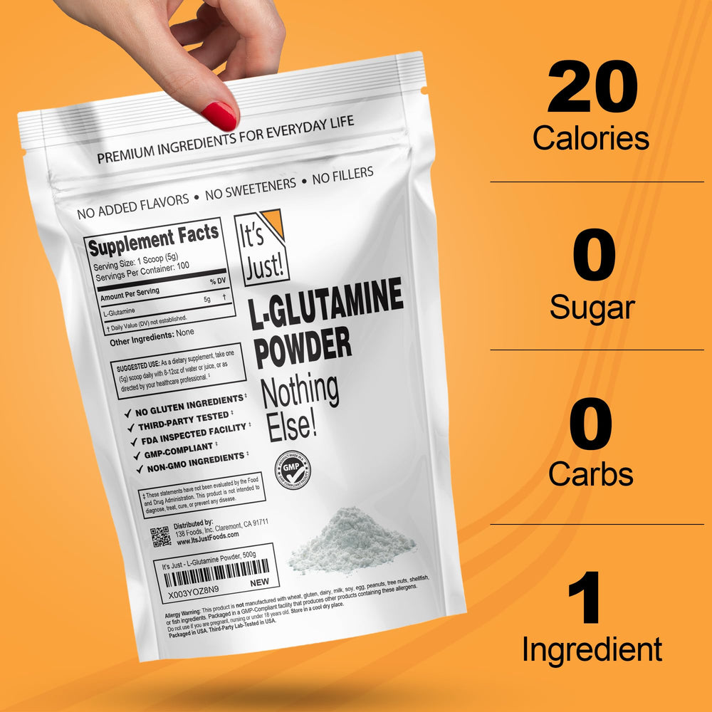 Its Just L-Glutamine unflavored powder blends smoothly into drinks.