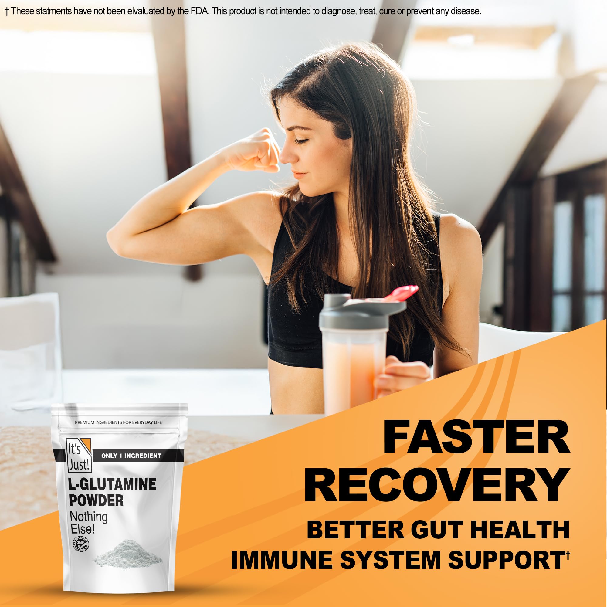 Its Just L-Glutamine USA-sourced ingredients emphasize quality in a GMP facility.
