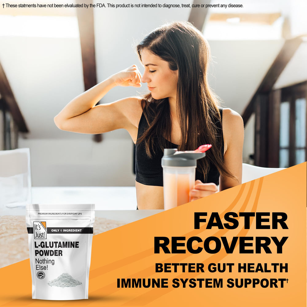 Its Just L-Glutamine USA-sourced ingredients emphasize quality in a GMP facility.