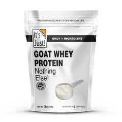 Its Just! Goat Whey Protein bottle, 16 oz, ideal for post-workout shakes.