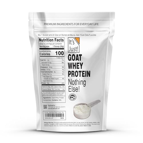 Its Just! Goat Whey Protein label closeup, highlighting a single-ingredient formula.