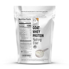 Its Just! Goat Whey Protein label closeup, highlighting a single-ingredient formula.