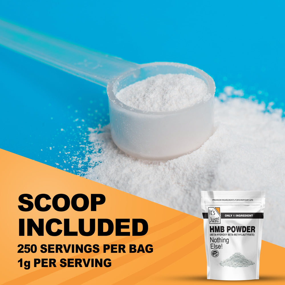 It's Just! HMB powder packaging indicating gluten-free and non-GMO credentials.