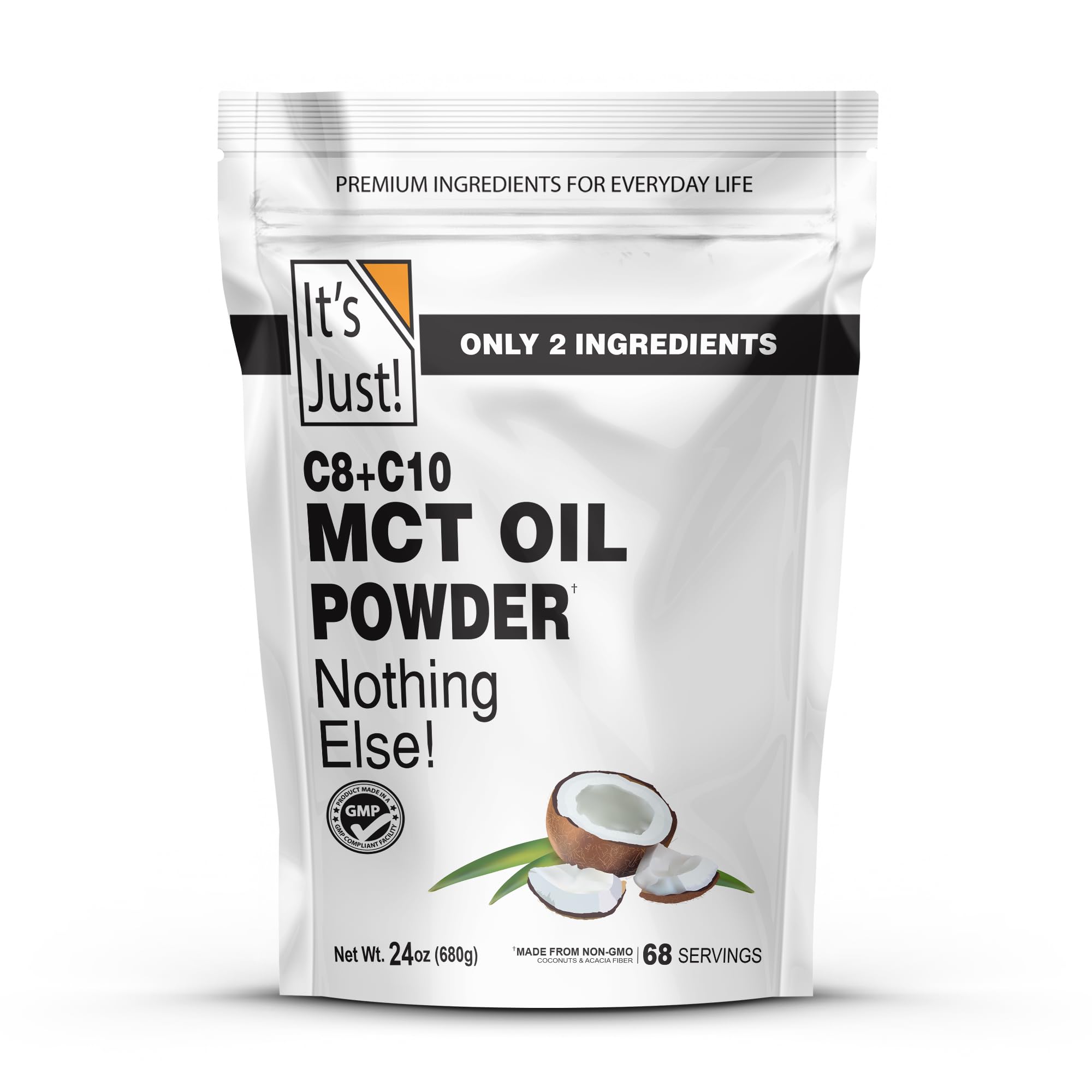 It's Just! MCT Oil Powder bottle close-up highlighting hexane-free formula for clean energy.