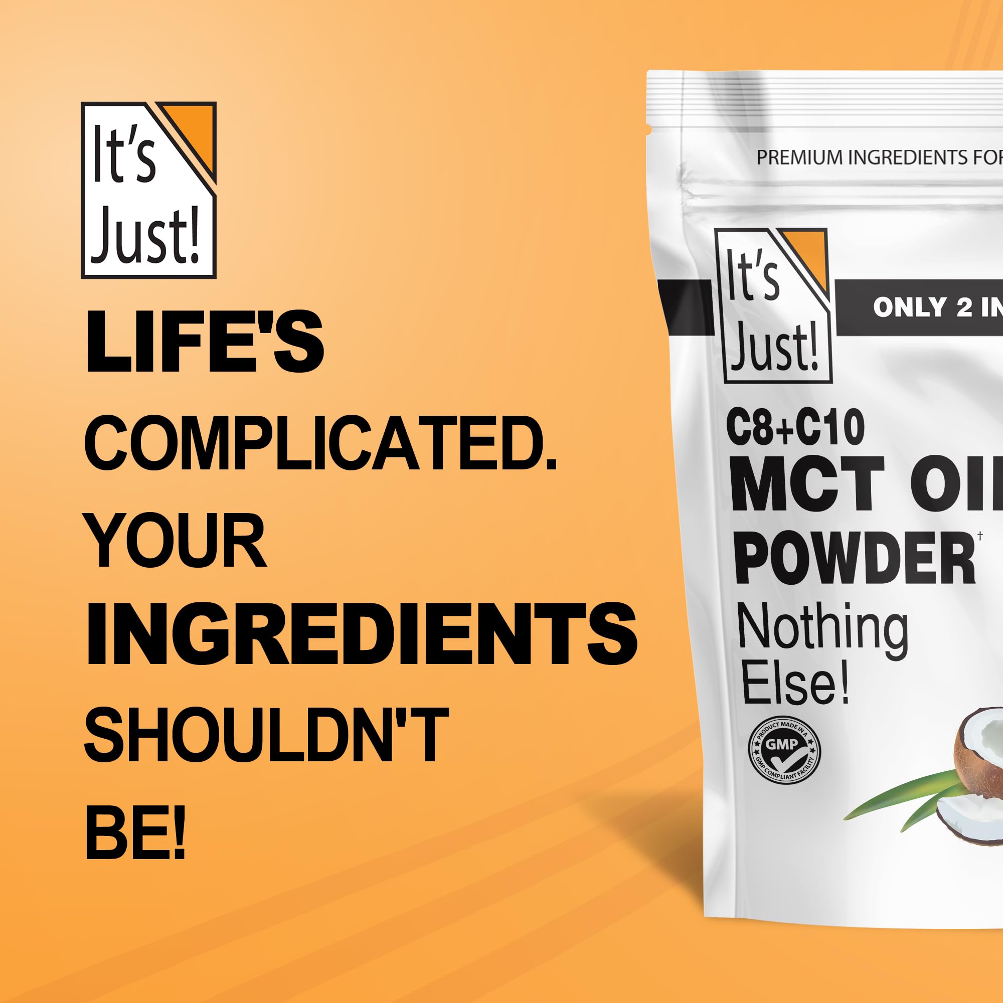 It's Just! MCT Oil Powder close-up of fiber blend on label for gut-friendly benefits.