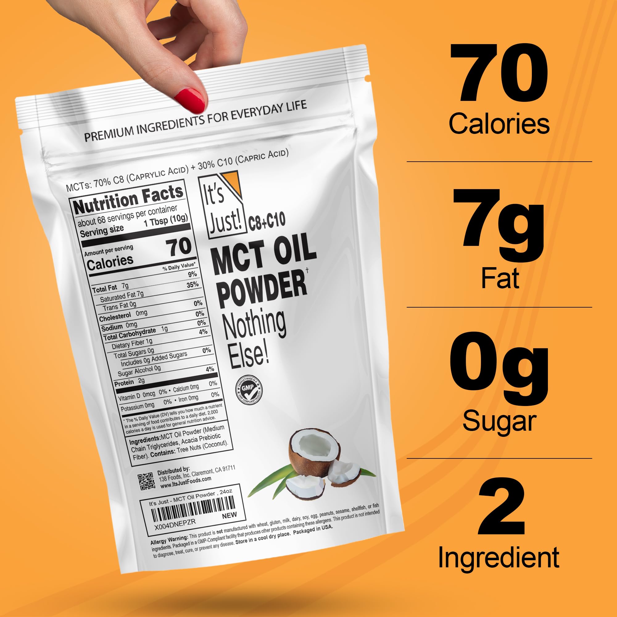 It's Just! MCT Oil Powder hexane-free label on front emphasizes purity.