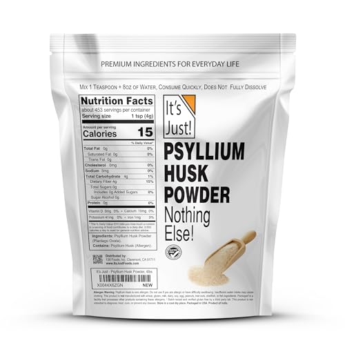 It's Just! Psyllium husk powder fine powder close-up highlights texture for keto baking.