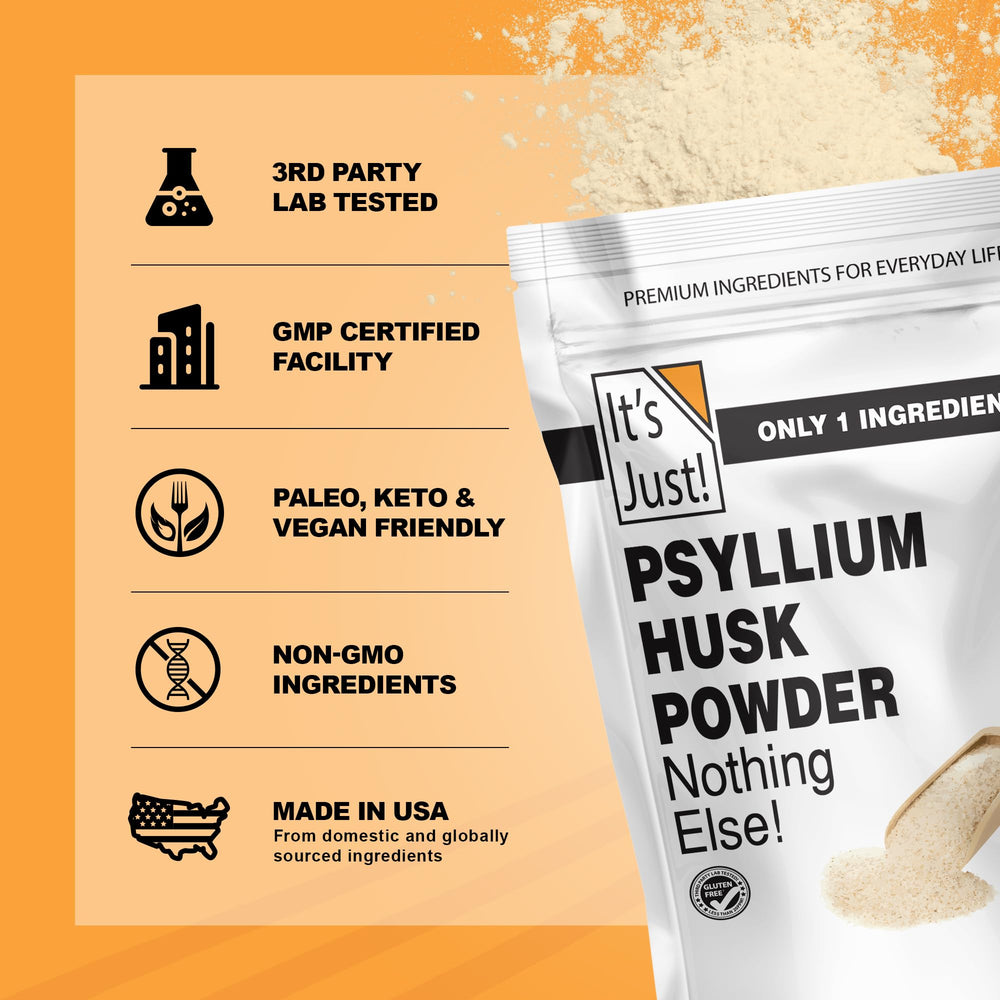 Its Just! psyllium husk powder container with non-GMO label