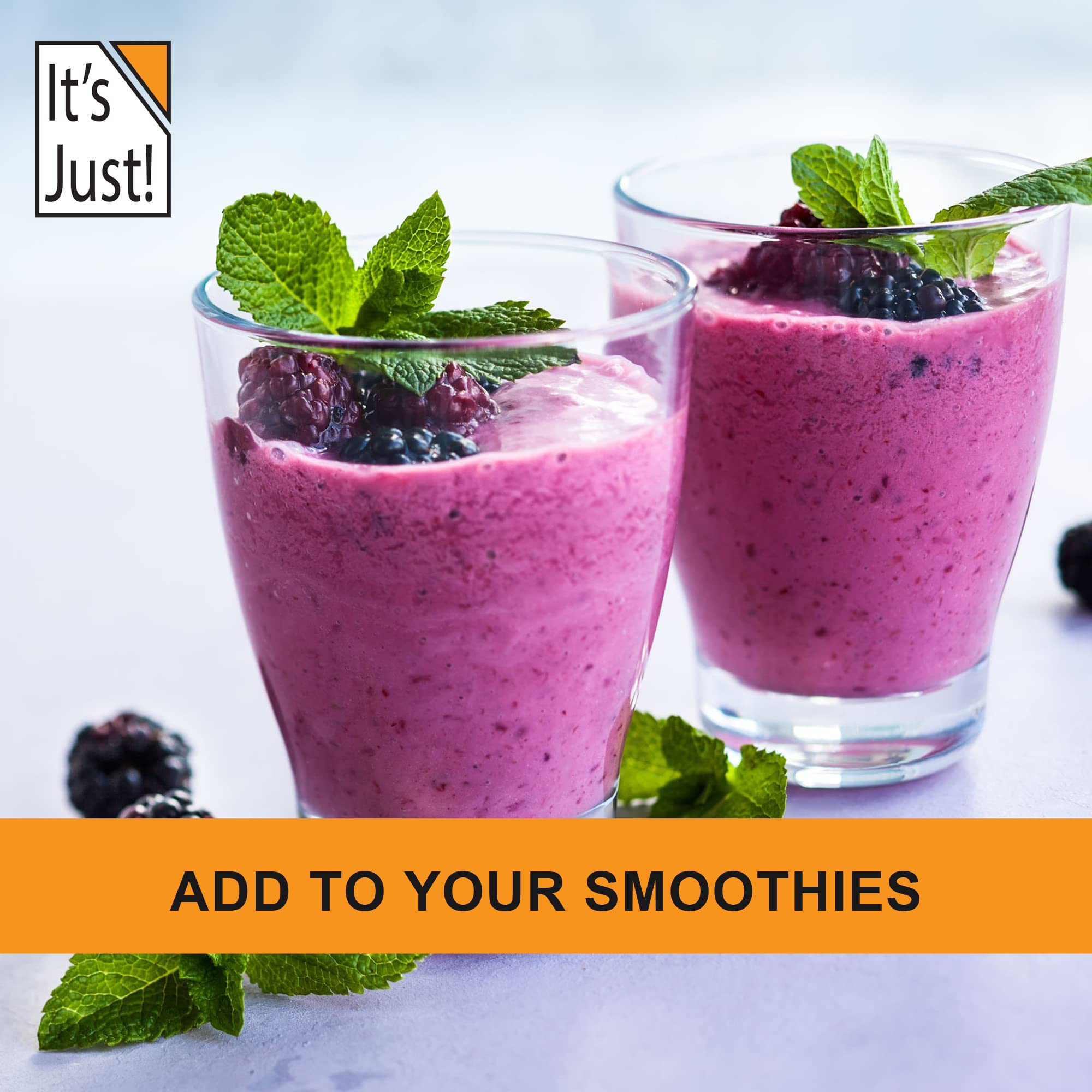 It's Just! Vitamin C Powder smoothie image suggests vibrant color and refreshing beverage options