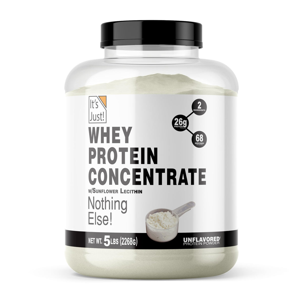It's Just! whey protein bottle close-up showing pure unflavored formula for daily protein support.