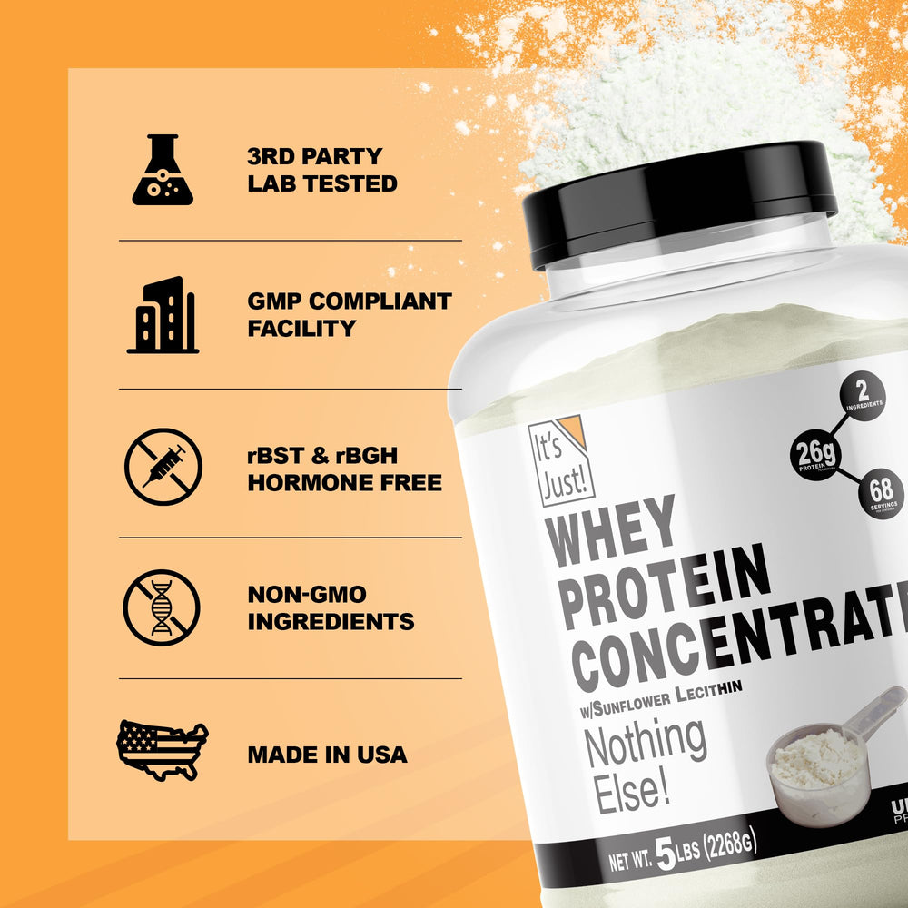 It's Just! whey protein packaging close-up emphasizing cold processing preserving nutrition.