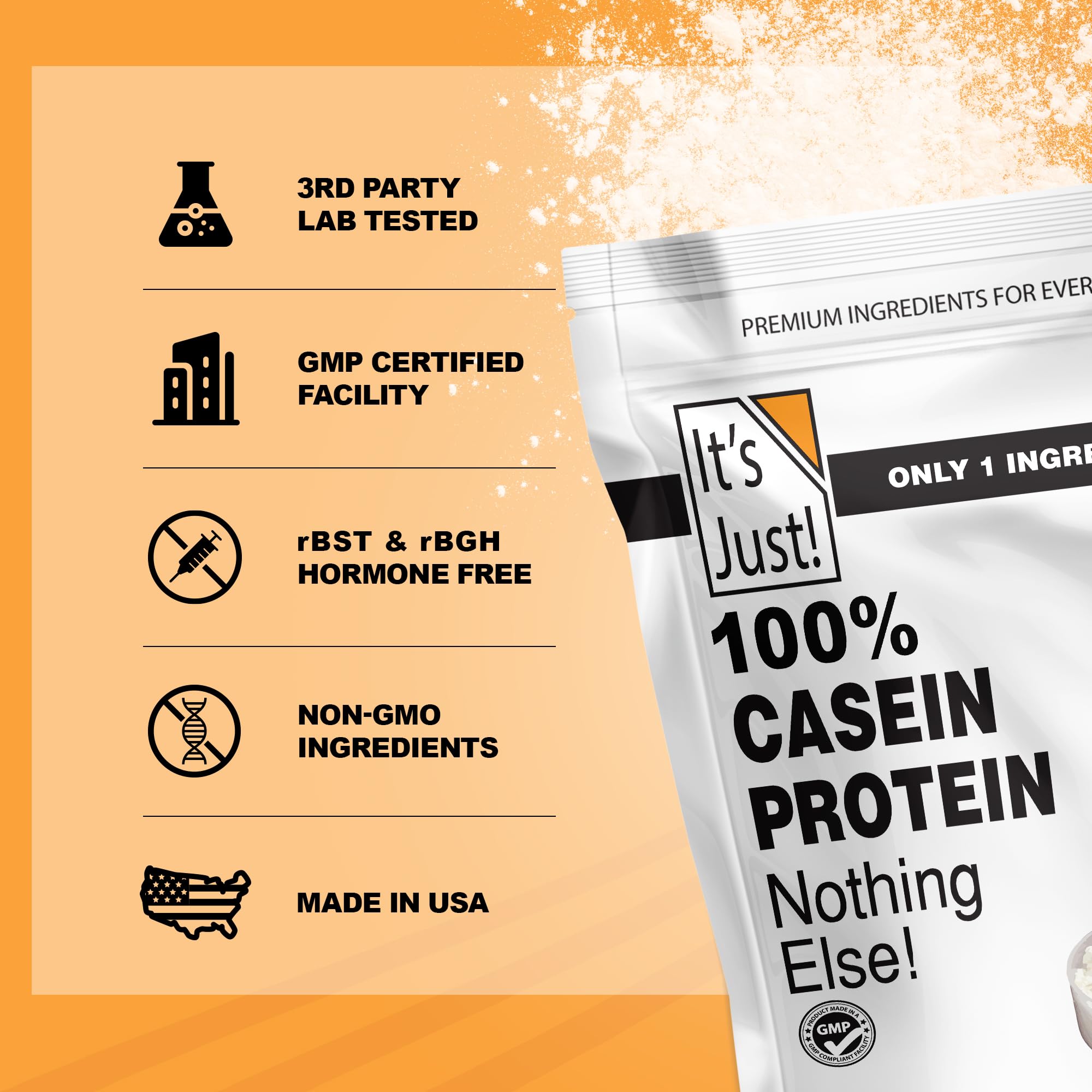 Its Just! Casein unflavored night-routine glass conveys bedtime protein idea.