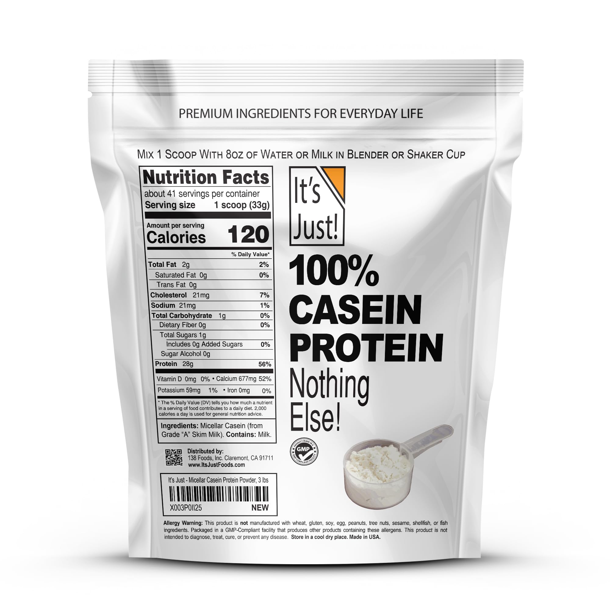 Its Just! Casein unflavored scoop highlighting slow-digesting protein for post-workout support.
