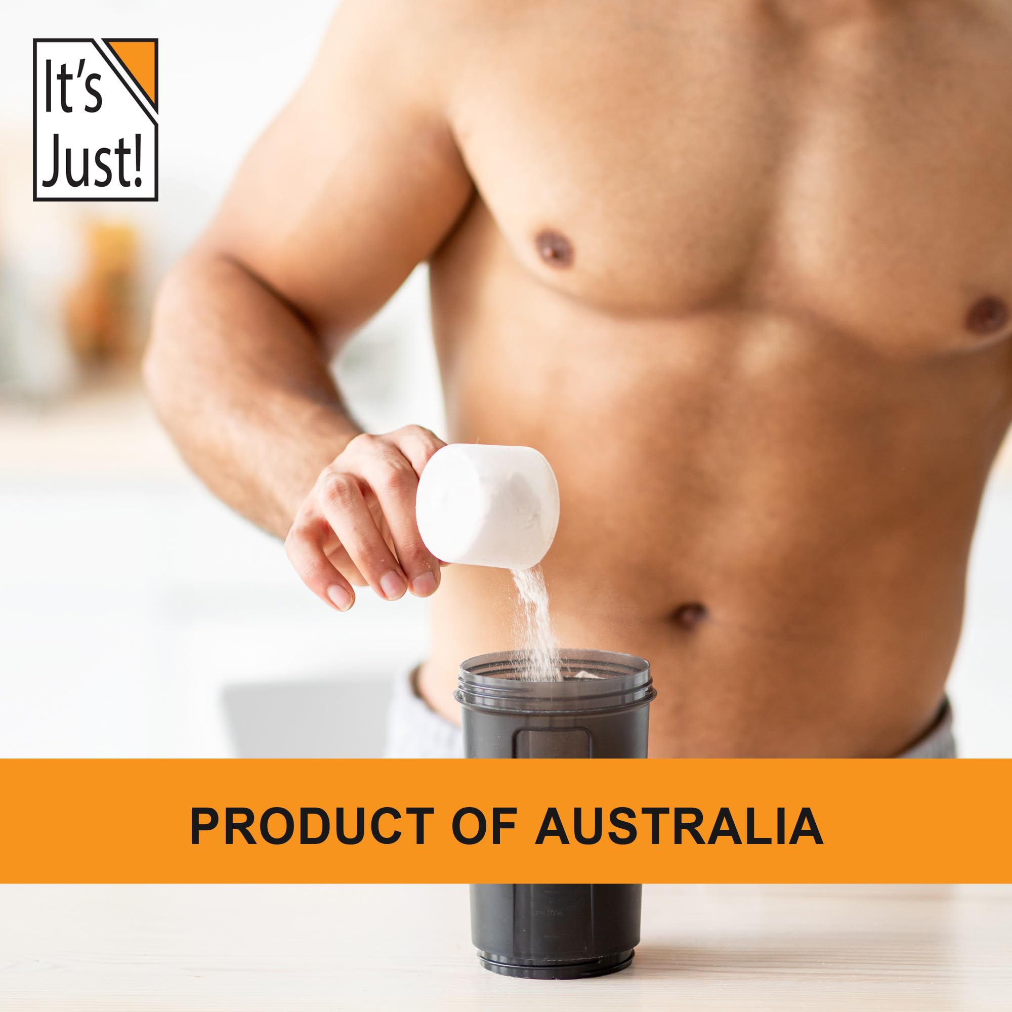 It's Just! shake glass with scoop, ready-to-mix protein for smoothies and post-workout drinks
