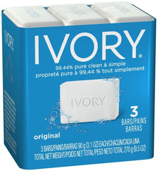 Ivory Orig soap bar 3-pack packaging showing four bundles for family use.