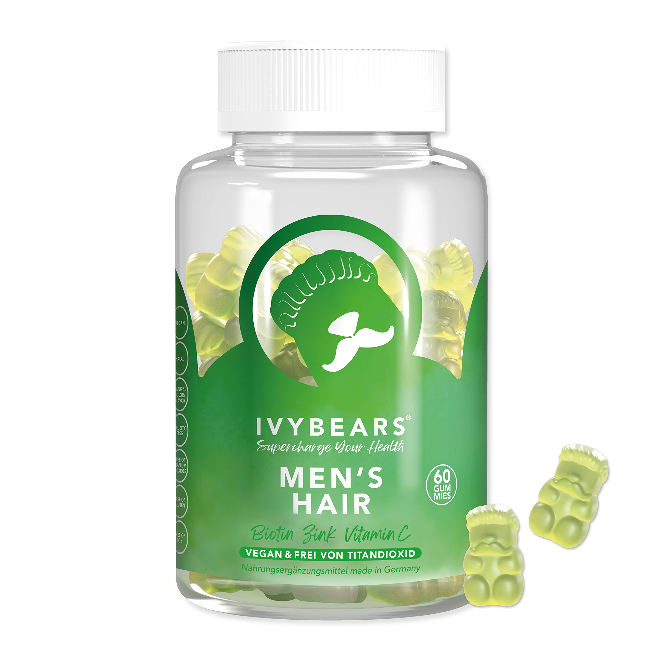 IvyBears Men's Hair Vitamin Gummies bottle front boosts daily vitality and hair support.