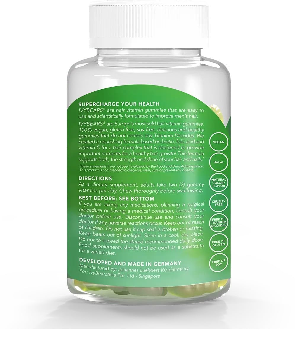 IvyBears Men's Hair Vitamin Gummies packaging showcases vegan, German-made formula.