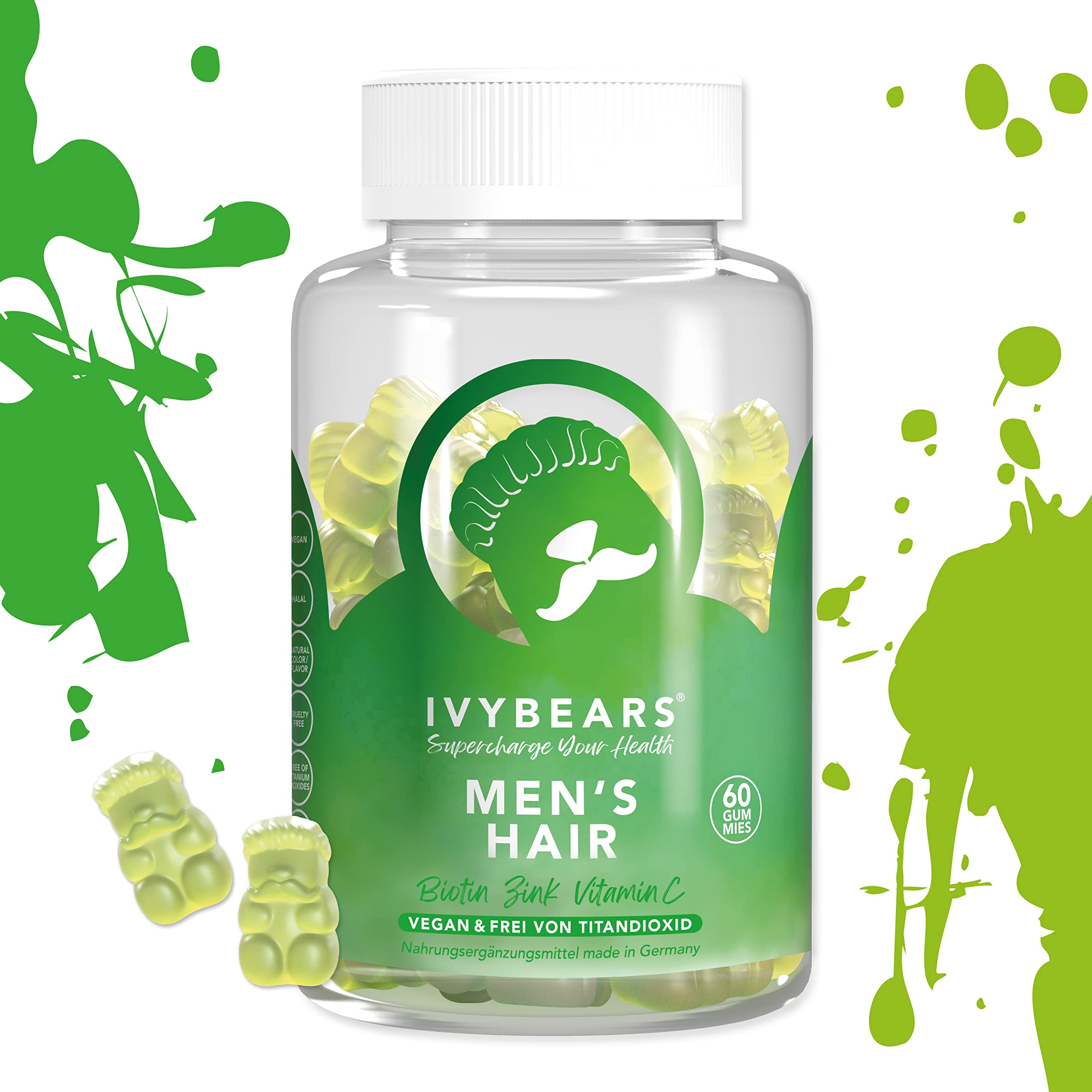 IvyBears Men's Hair Vitamin Gummies pouring shot highlights serving on-the-go wellness.