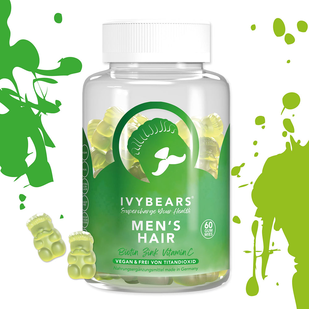 IvyBears Men's Hair Vitamin Gummies pouring shot highlights serving on-the-go wellness.