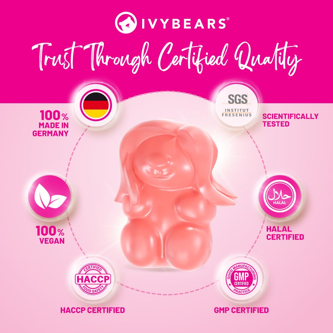 IvyBears bottle with two gummies poured; convenient 30-day supply for busy mornings.