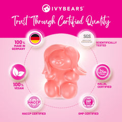 IvyBears bottle with two gummies poured; convenient 30-day supply for busy mornings.