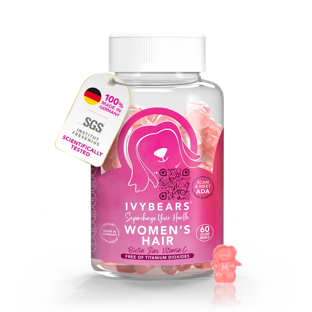 IvyBears Women’s Hair Vitamin Gummies bottle front; vegan formula supports hair shine.
