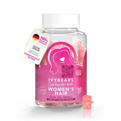IvyBears Women’s Hair Vitamin Gummies bottle front; vegan formula supports hair shine.