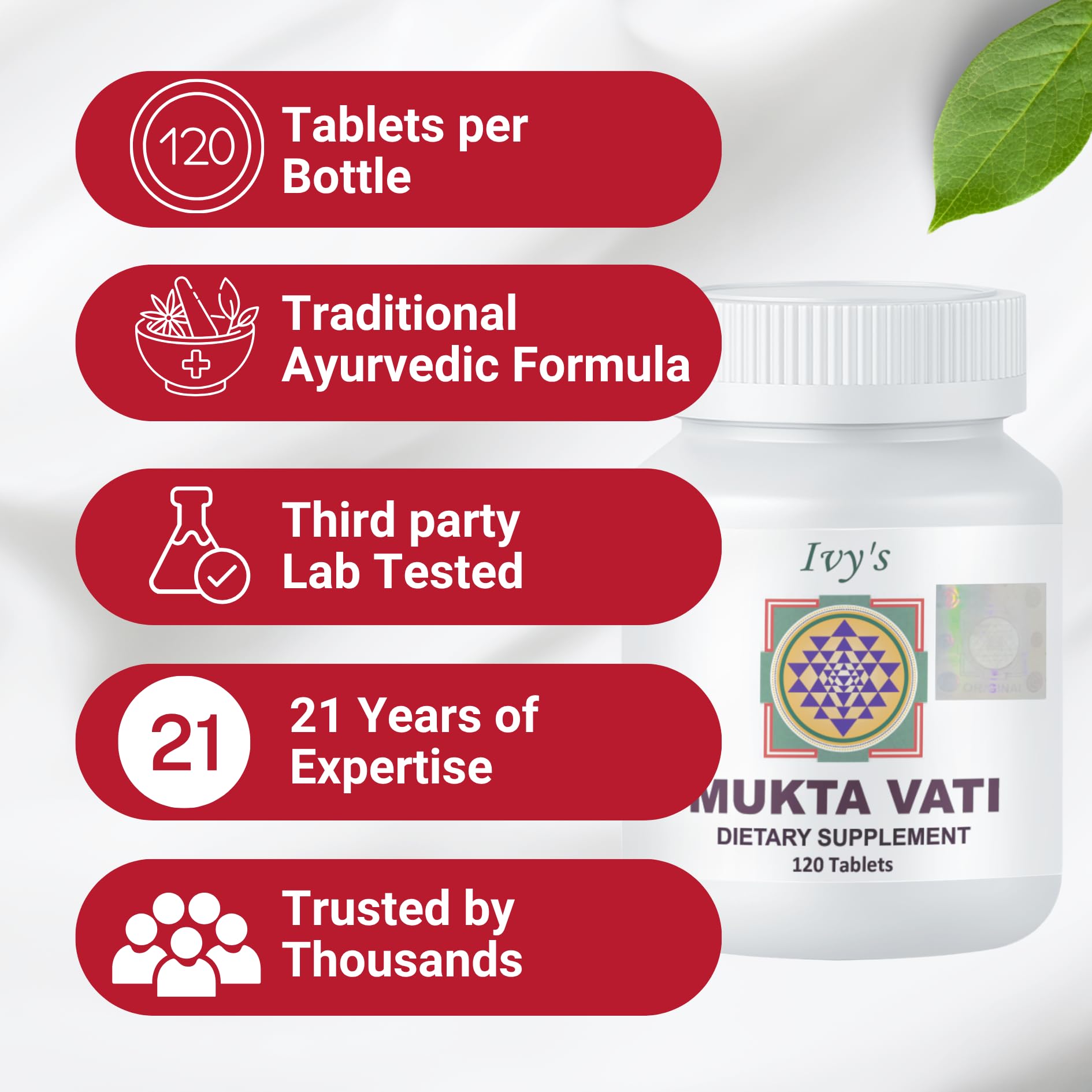 Ivy's Mukta Vati bottle label highlighting 800 mg herbal content per tablet