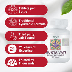 Ivy's Mukta Vati bottle label highlighting 800 mg herbal content per tablet