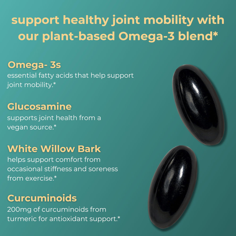 Iwi Life Joint Omega-3 bottle nutrition panel emphasizes vegan ingredients and gluten-free option.