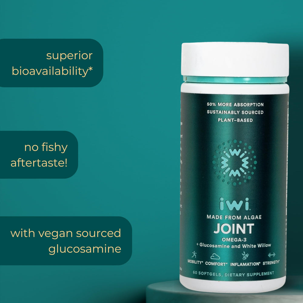 Iwi Life Joint Omega-3 ingredients highlight algae DHA and EPA for sustainable omega-3.