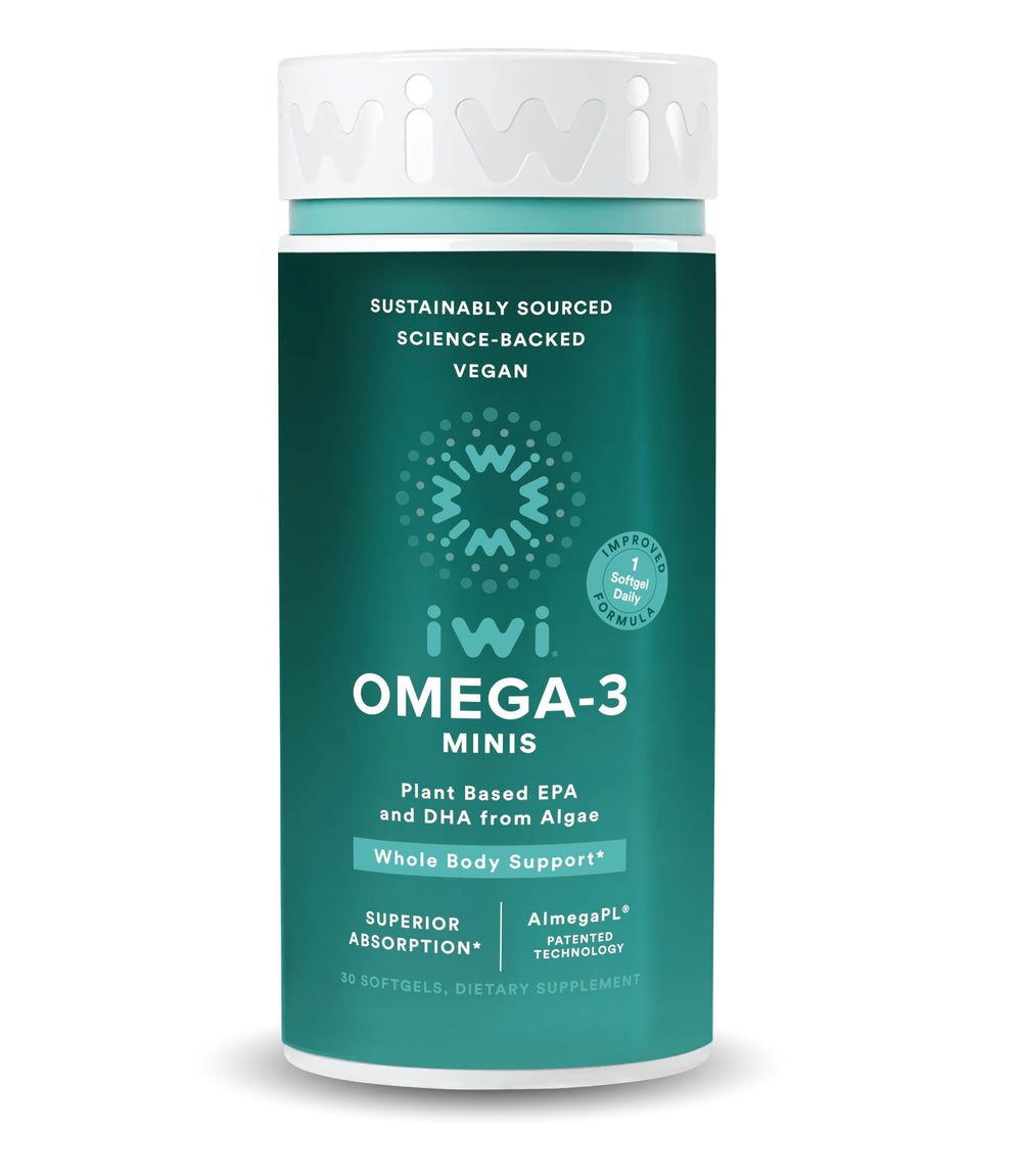 Iwi Omega-3 Mini Softgels bottle for convenient daily omega-3 intake