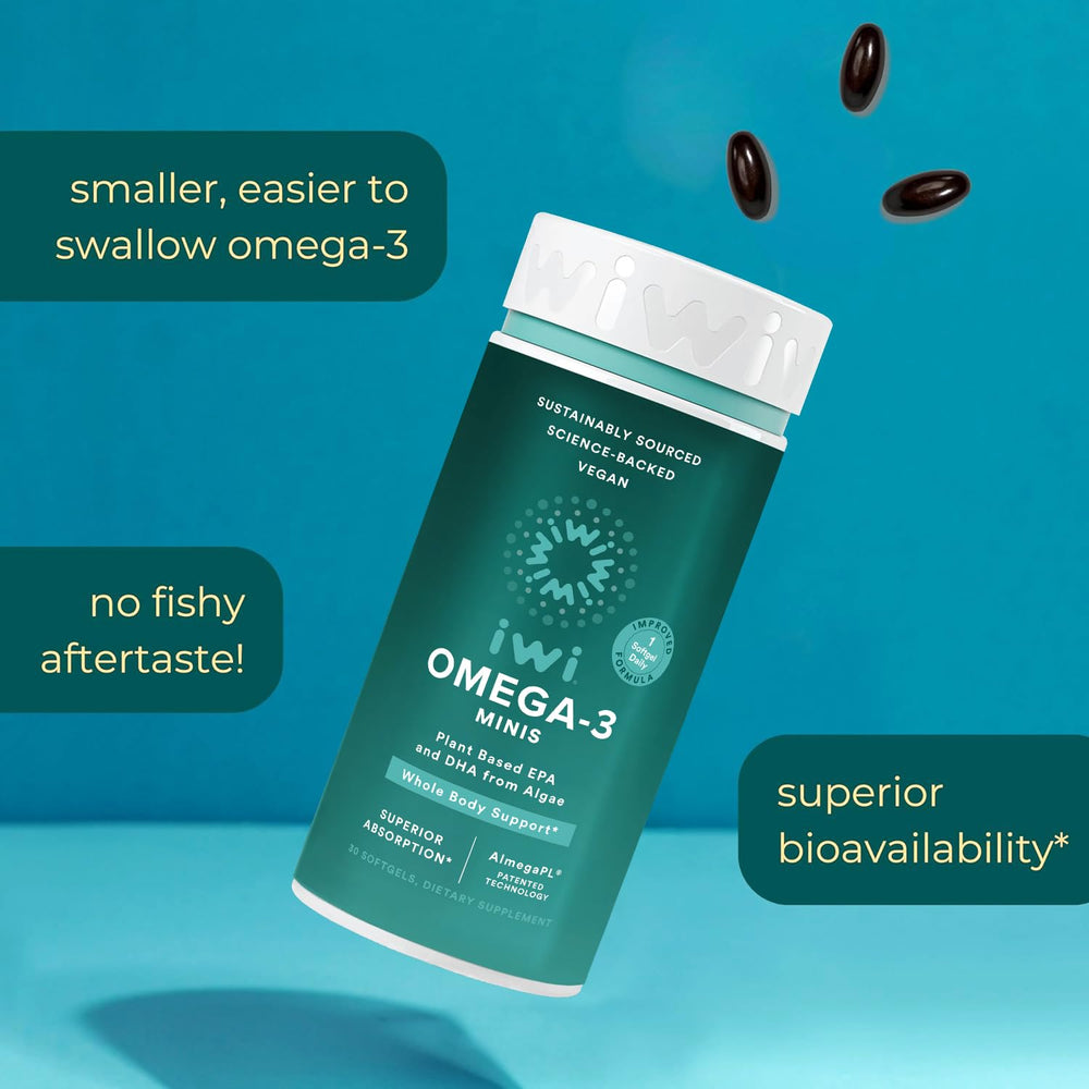 Iwi Omega-3 Mini Softgels label shows algae-based EPA and DHA from sustainable sources