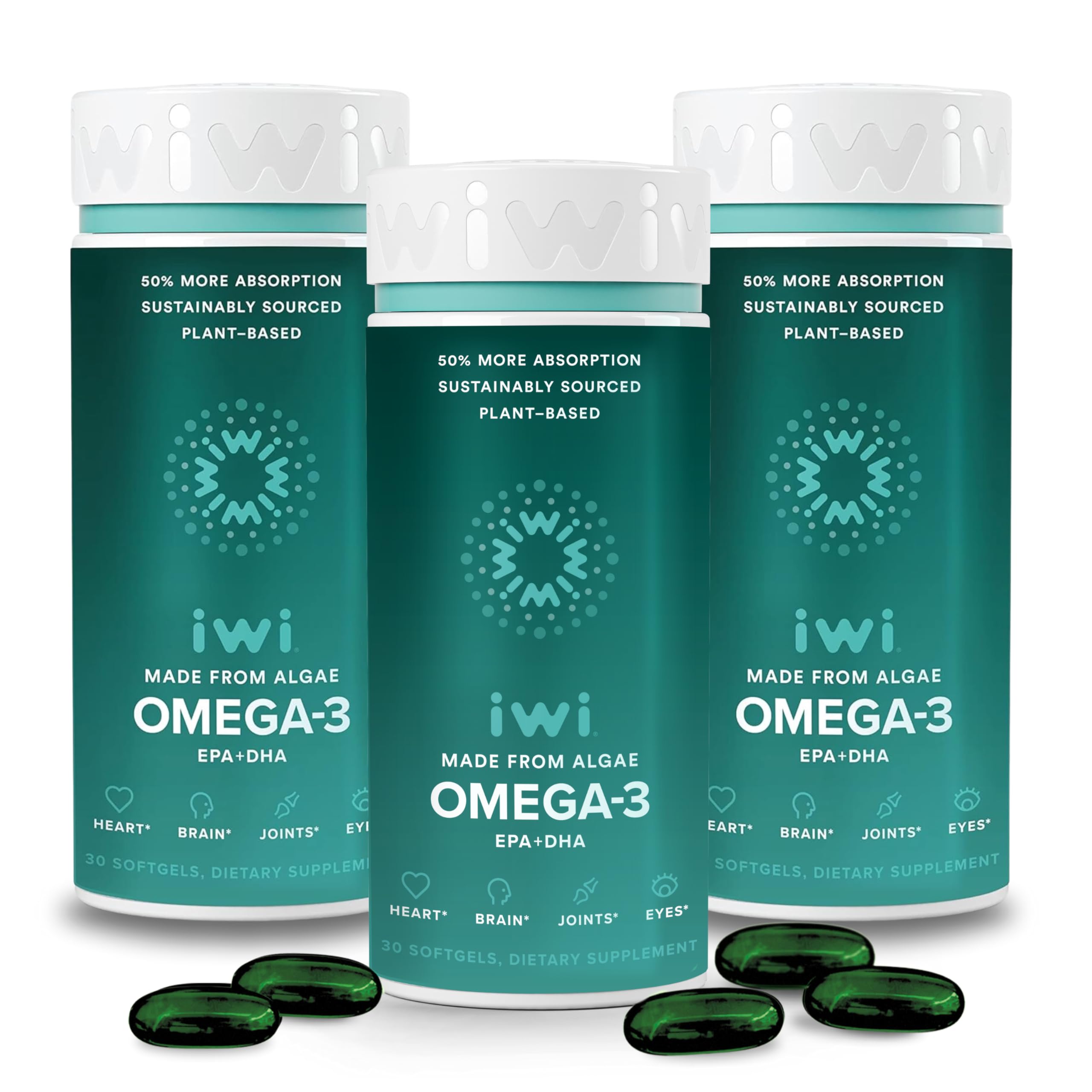 Iwi Omega-3 softgels bottle for daily heart and brain support.