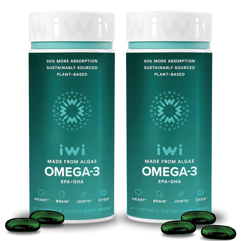 Iwi Omega-3 softgels bottle shows vegan algae origin for daily wellness